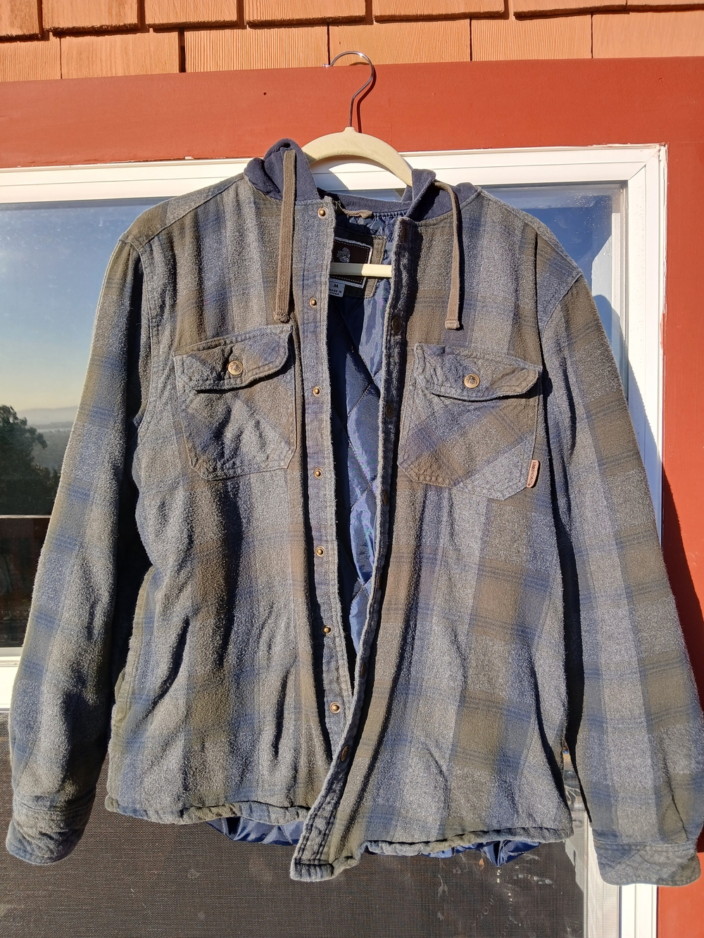 Men's Quilted Hooded Plaid Jacket - Blue